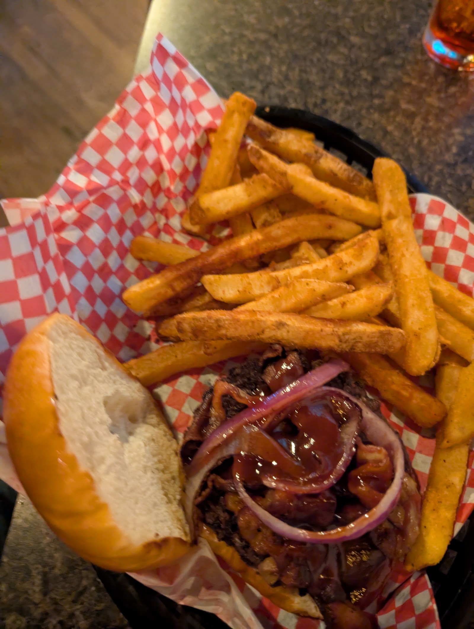 BBQ brisket sandwich and fries at Old 181 Bar and Grill