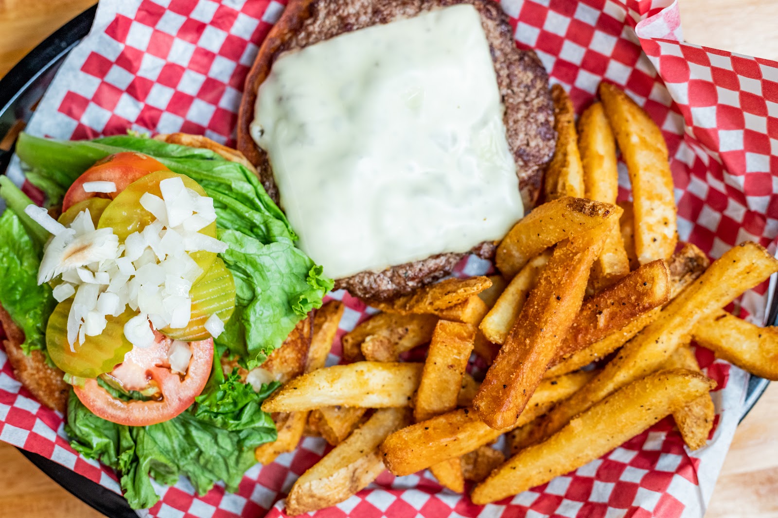 Bacon cheeseburger and fries at Old 181 Bar and Grill